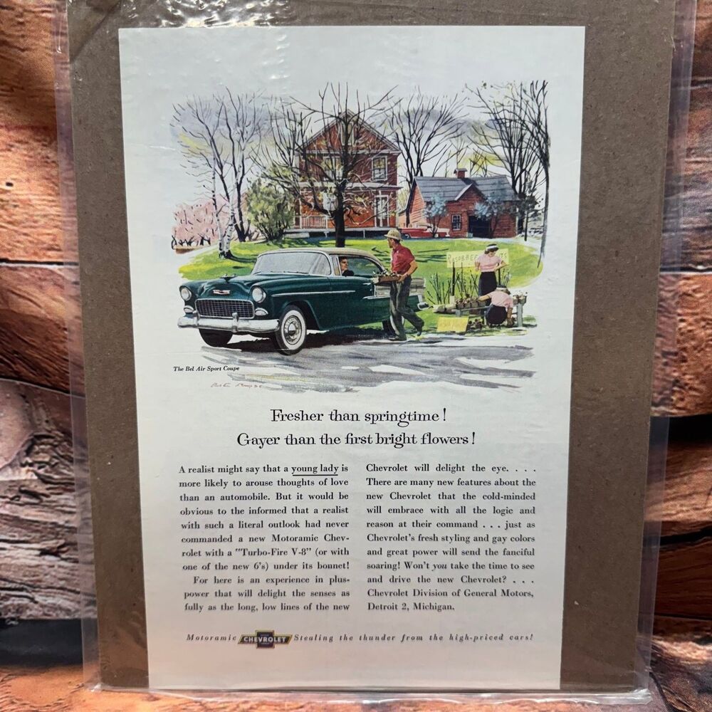 Vintage 1955 Chevrolet Bel Air Sport Coupe Ad Green Motoramic Turbo-Fire V8
